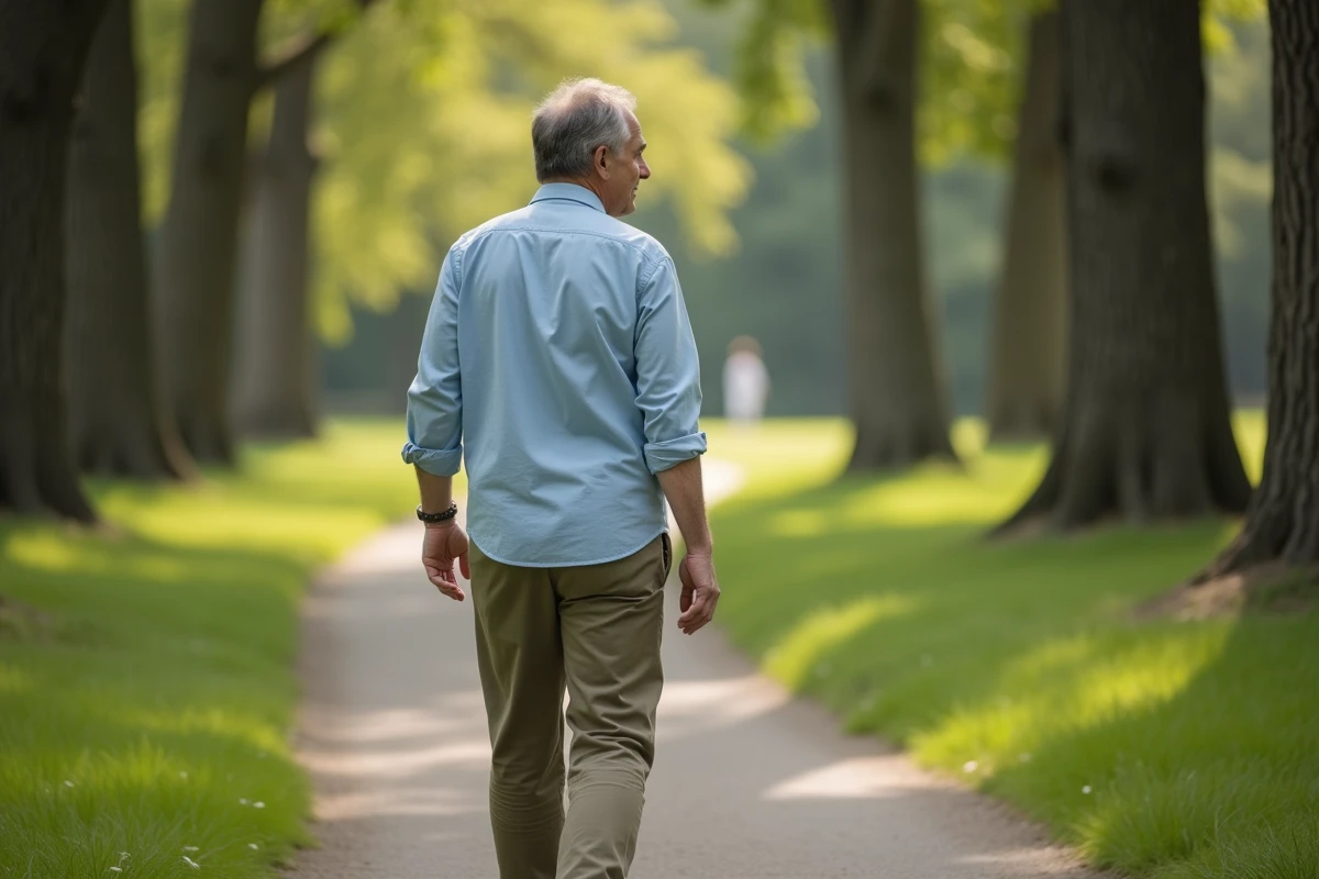 Homme marchant dans un parc calme et verdoyant