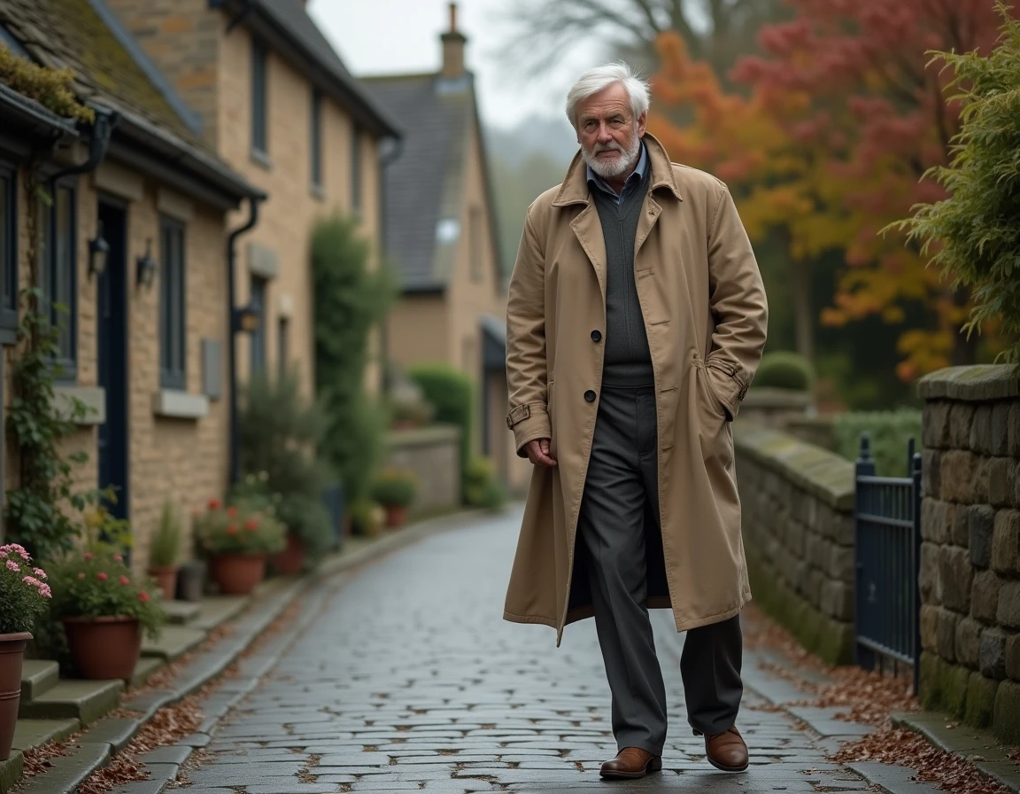 Homme britannique élégant marchant dans un village anglais en automne, illustrant la personnalité et le style de John Nettles
