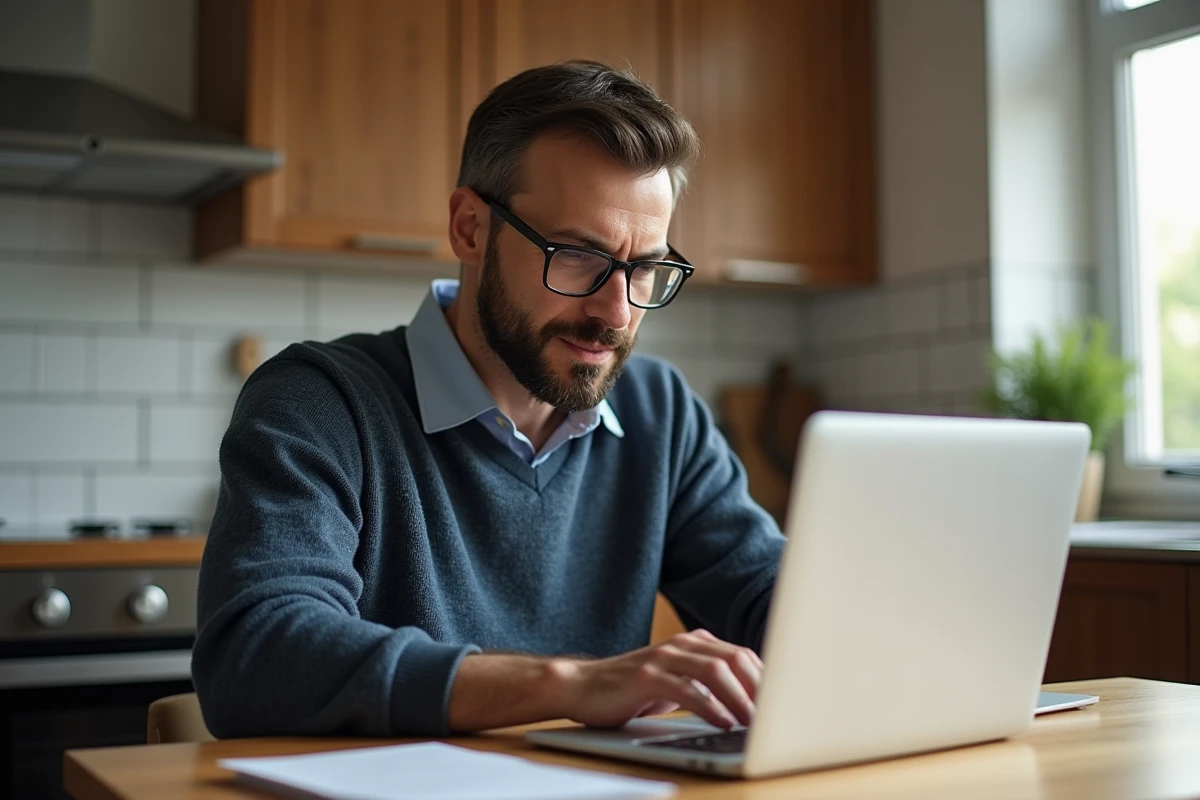 Homme au kitchen travaillant sur son ordinateur portable