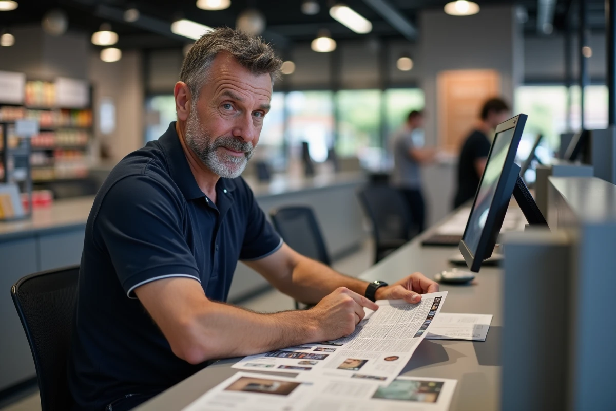 Homme consultant des documents imprimés à la station photo d'un magasin Auchan