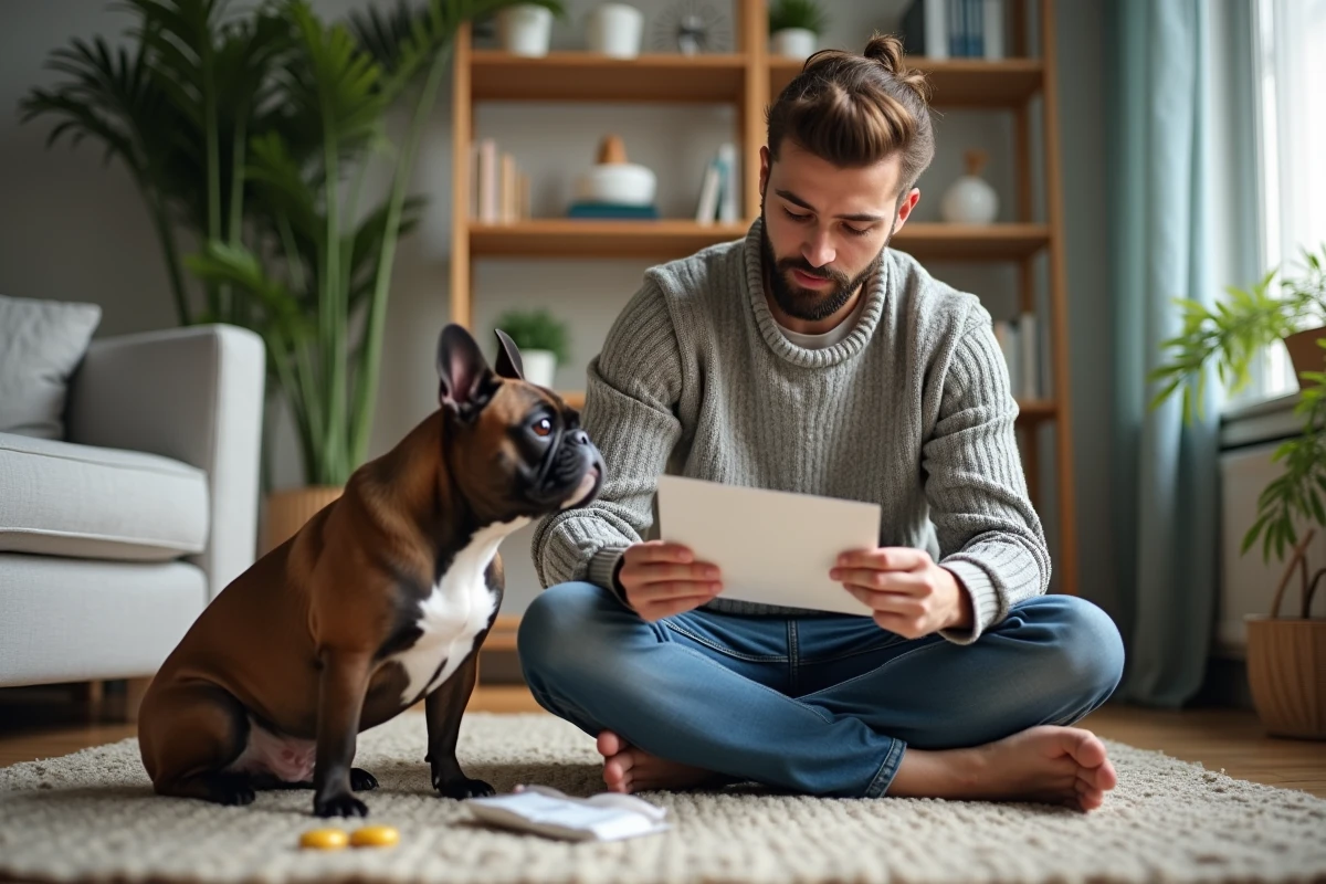 Homme lisant une notice de médicament avec son chien à la maison