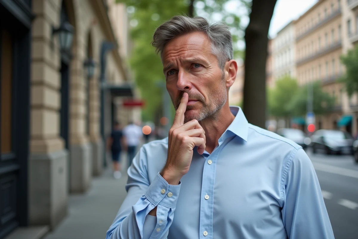 Homme pensif dans la rue en chemise claire