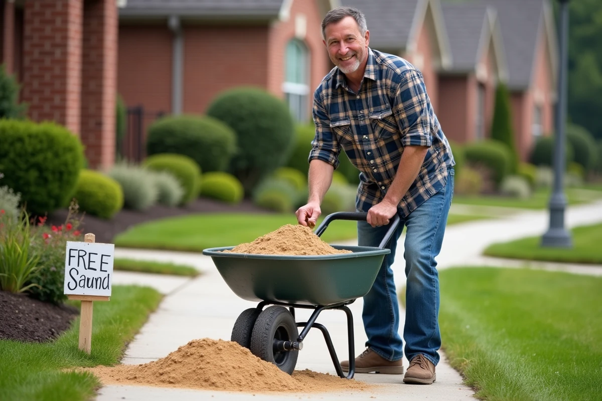 Homme en jeans et chemise à carreaux remblayant du sable dans un jardin