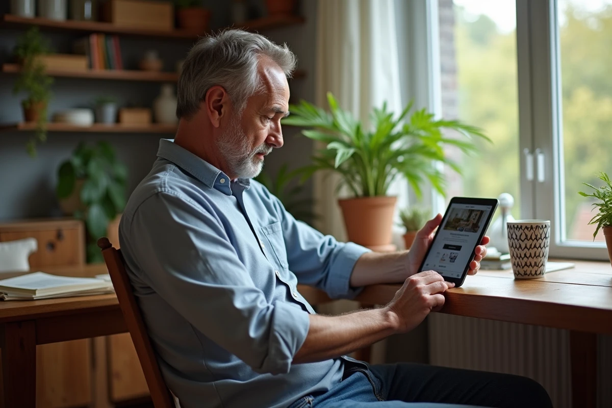 Homme d age moyen regardant une tablette à la maison