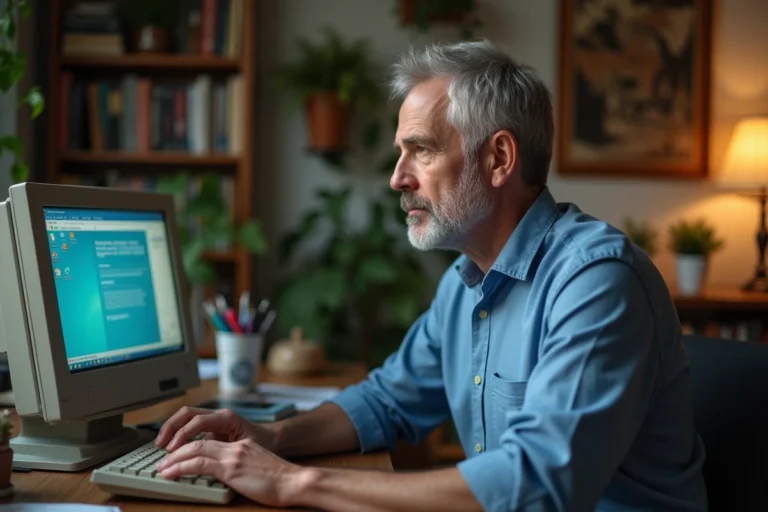 Homme d'âge moyen utilisant un ordinateur Vista dans un bureau cosy