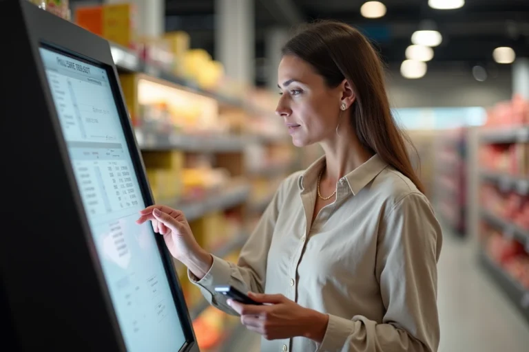 Femme utilisant une borne d'impression en libre-service dans un hypermarché Auchan avec une clé USB