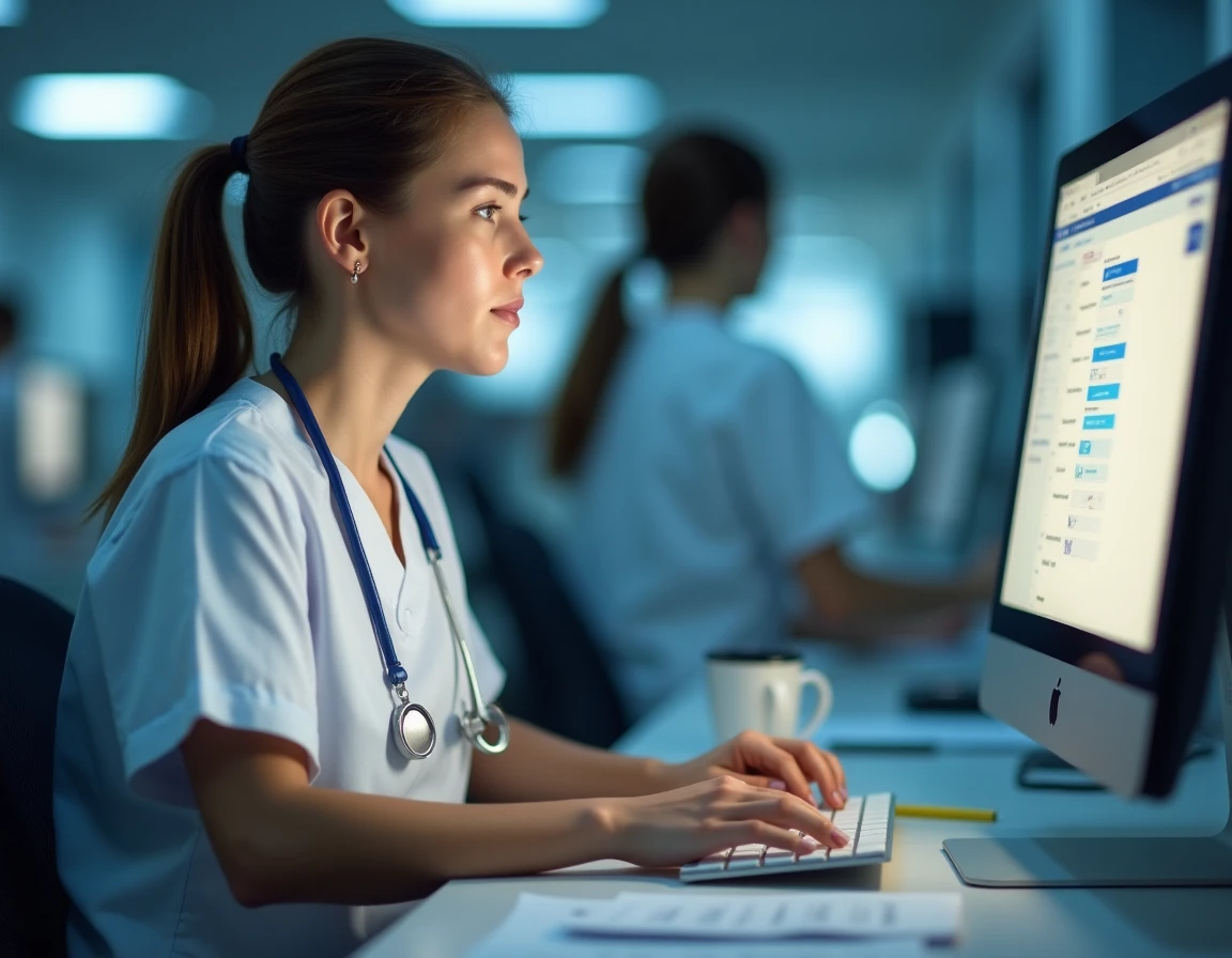 Jeune infirmière en blouse blanche se connectant à l'application Netsoins sur un ordinateur de bureau au poste de soins