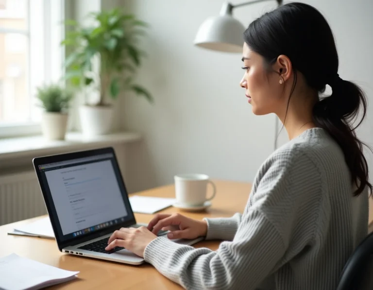 Femme inscrivant en ligne sur Netypareo pour le Greta Montpellier depuis son bureau à domicile