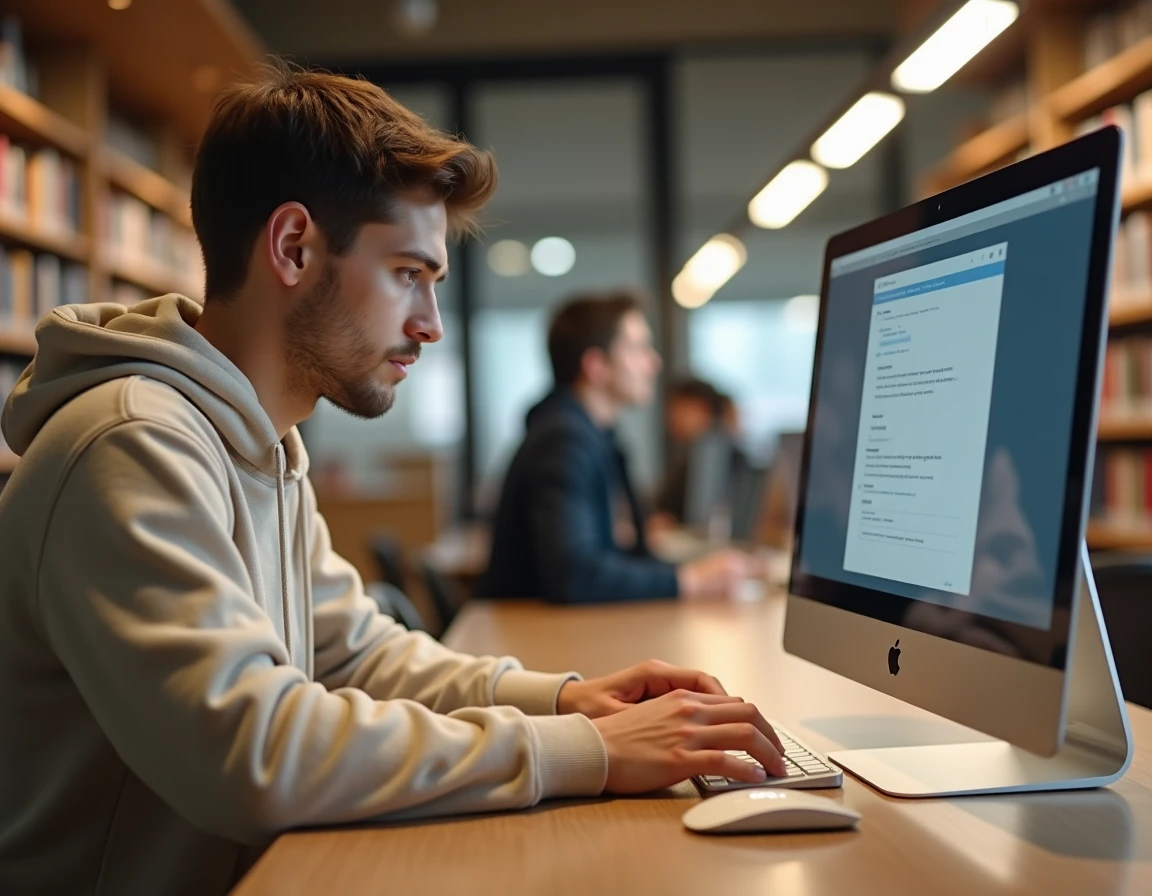 Jeune homme effectuant son inscription en ligne au Greta Montpellier via Netypareo dans une bibliothèque