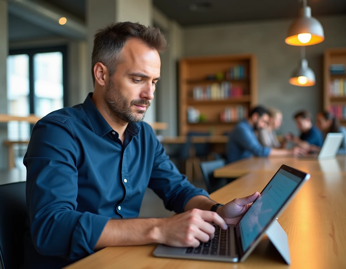 Homme utilisant une tablette pour s'inscrire sur Netypareo dans un espace de coworking moderne