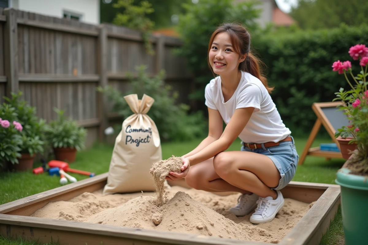 Jeune femme construisant un bac à sable dans son jardin