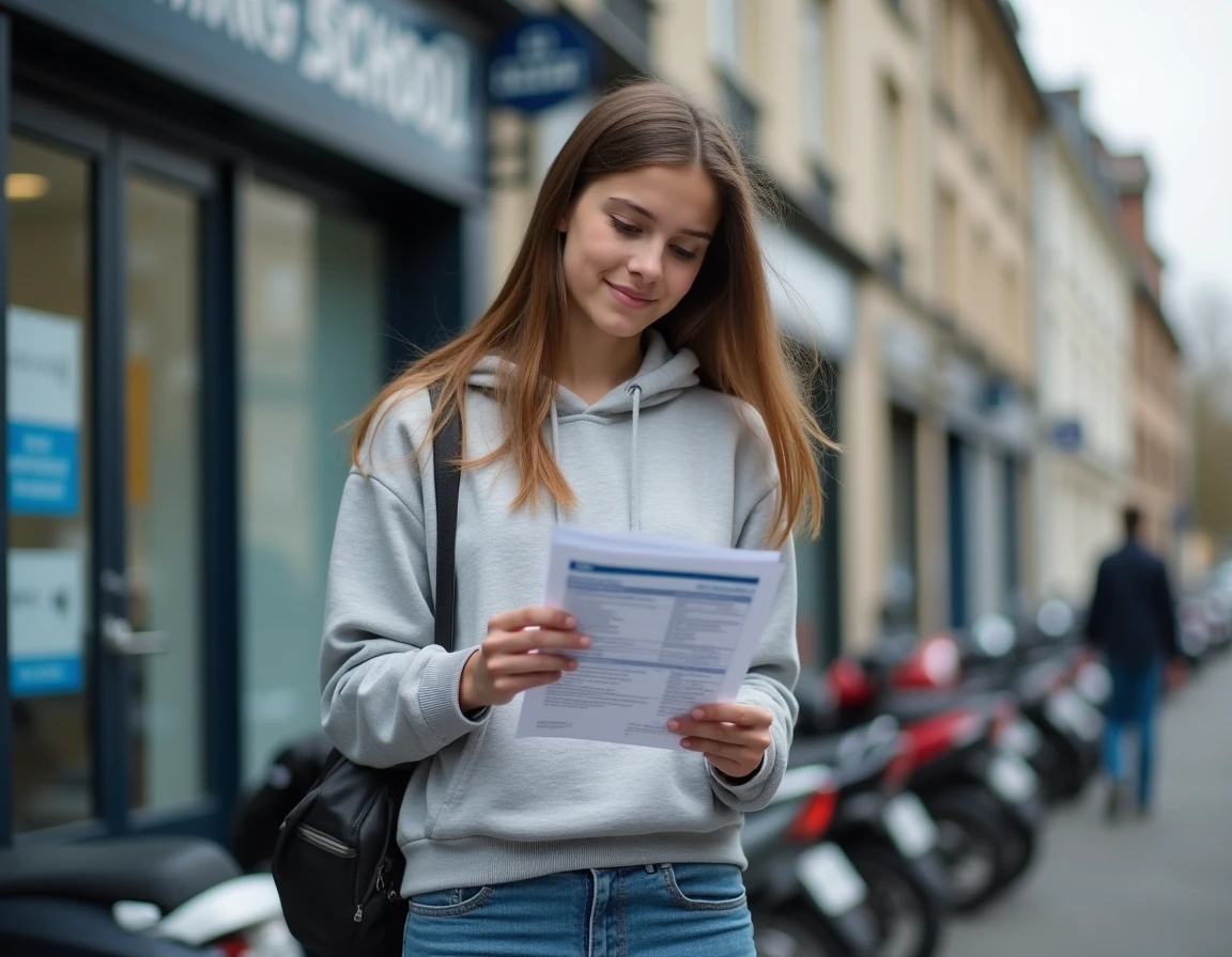 Adolescente consultant un document d'information sur les démarches BSR devant une auto-école avec des scooters garés