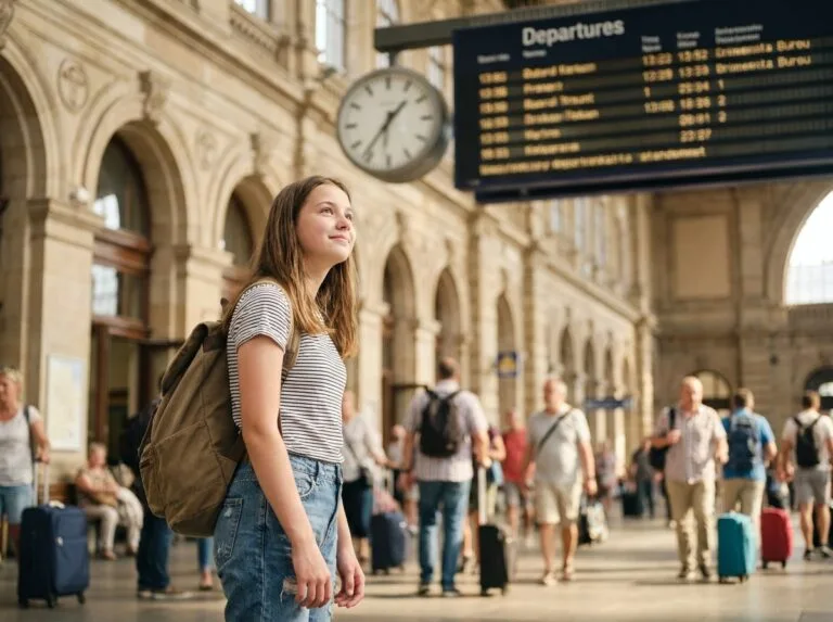 Jeune fille en voyage à la gare européenne avec sourire naturel