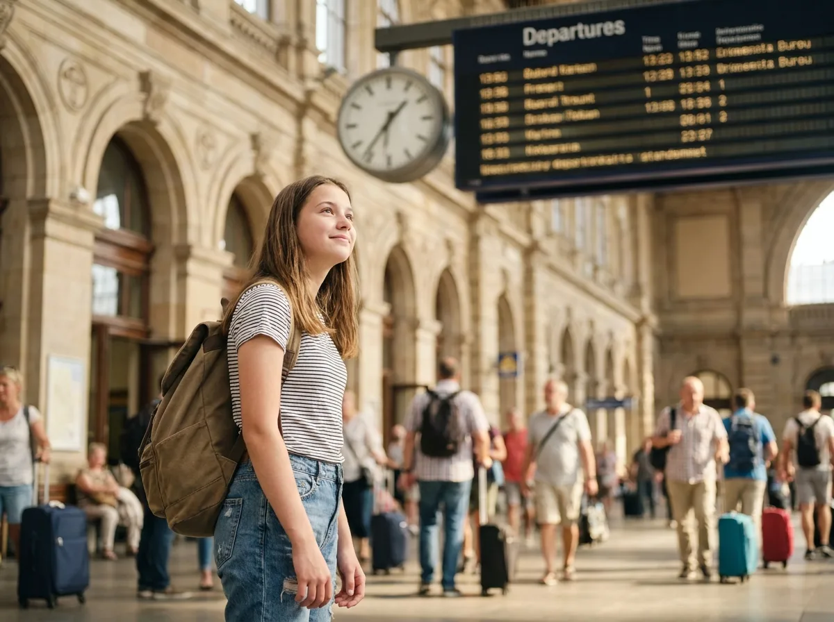 Jeune fille en voyage à la gare européenne avec sourire naturel