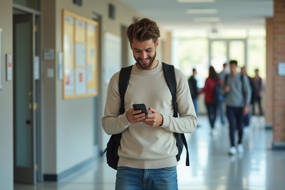 Jeune homme dans un couloir universitaire vérifiant ses emails
