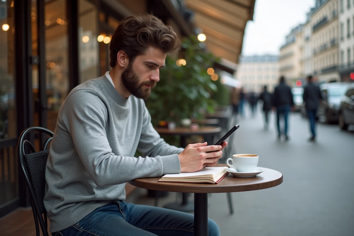 Jeune homme français utilisant son smartphone dans un café parisien