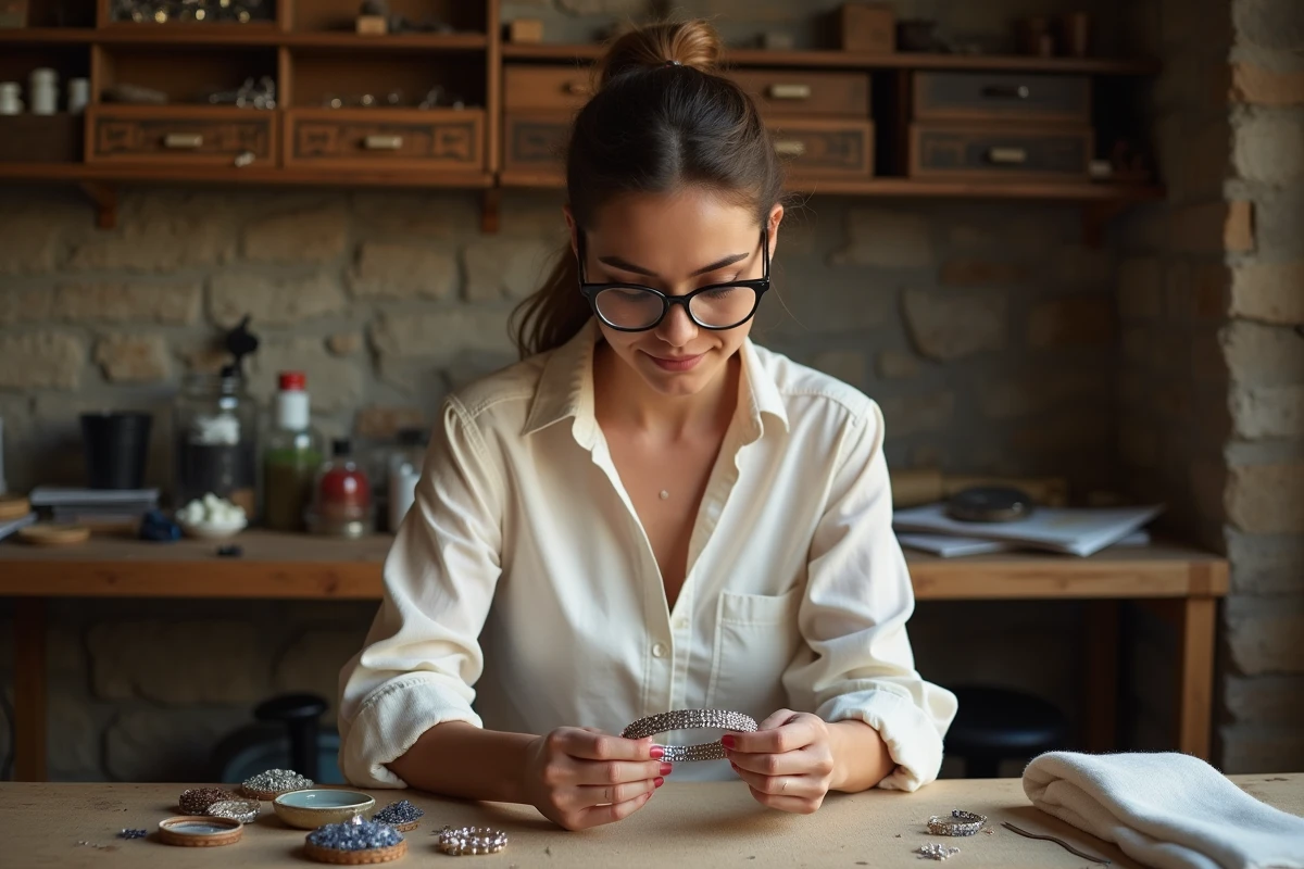 Joaillière experte examinant un bracelet en saphirs dans un atelier de haute joaillerie artisanale