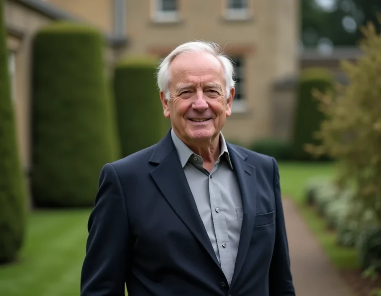 Portrait d'un homme britannique distingué dans un jardin de campagne anglaise, évoquant l'élégance classique de John Nettles
