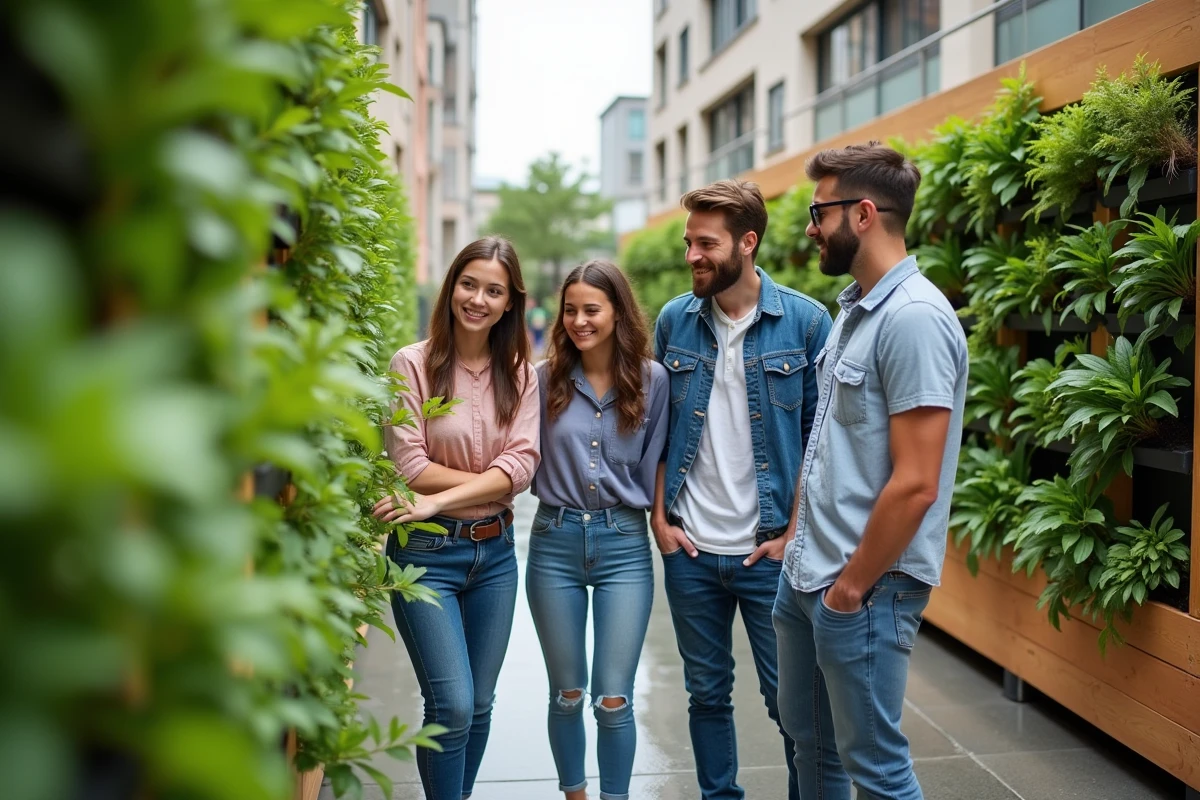 Groupe de jeunes autour d’un jardin vertical en ville