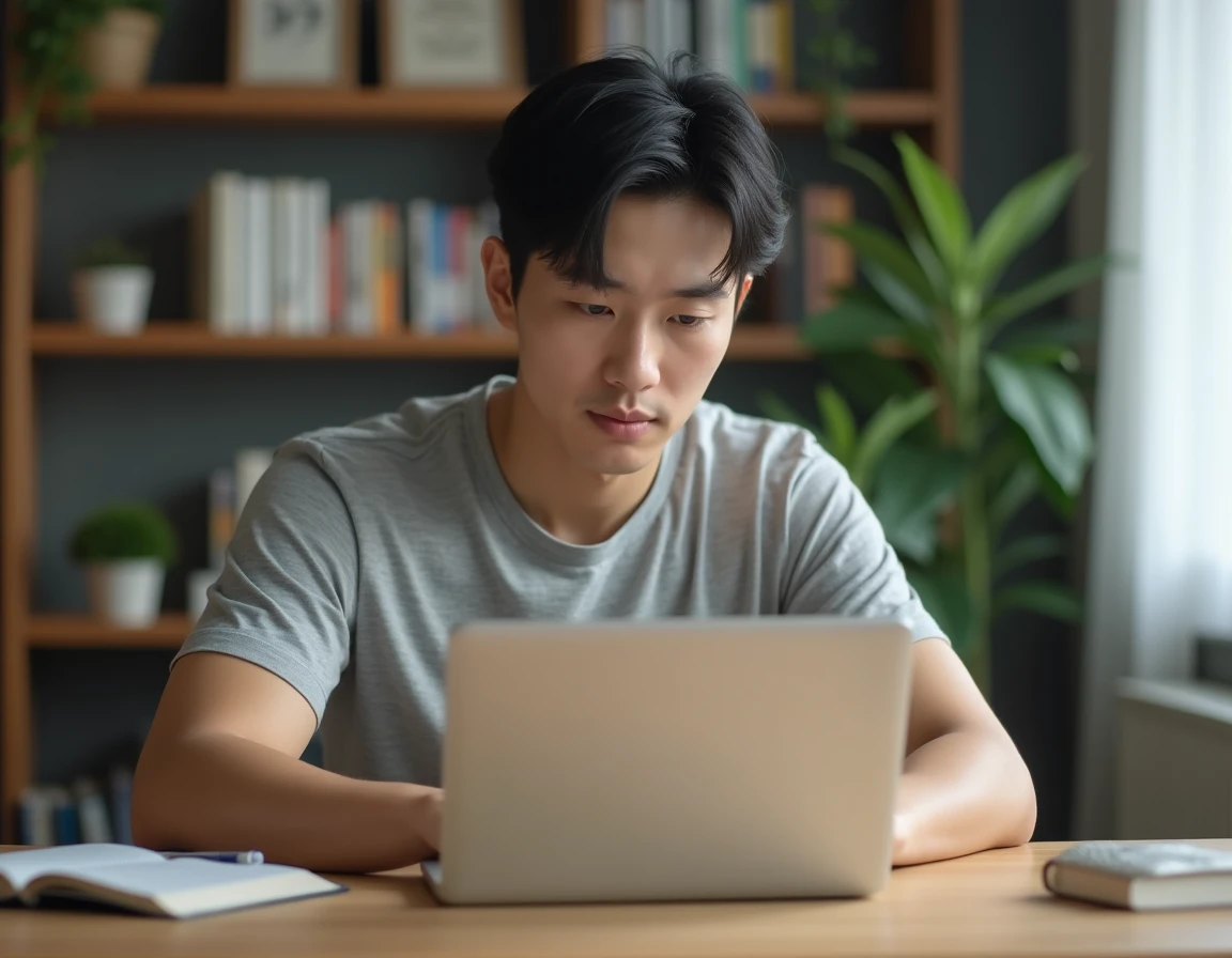 Jeune homme lisant des mangas en ligne sur ordinateur portable dans un bureau minimaliste