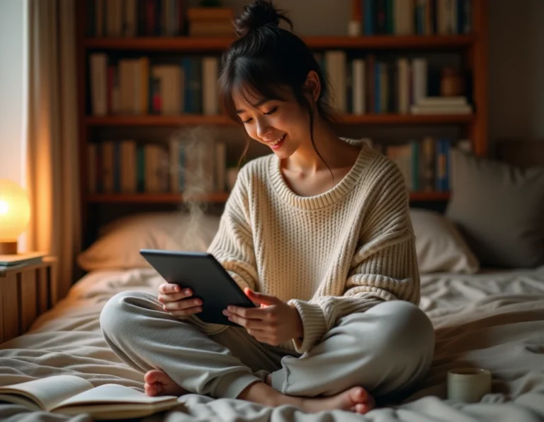 Jeune femme lisant des mangas sur tablette dans une chambre cosy entourée de livres