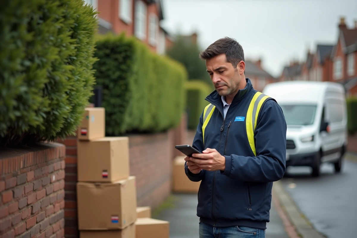 Livreur avec colis devant une maison dans une rue résidentielle