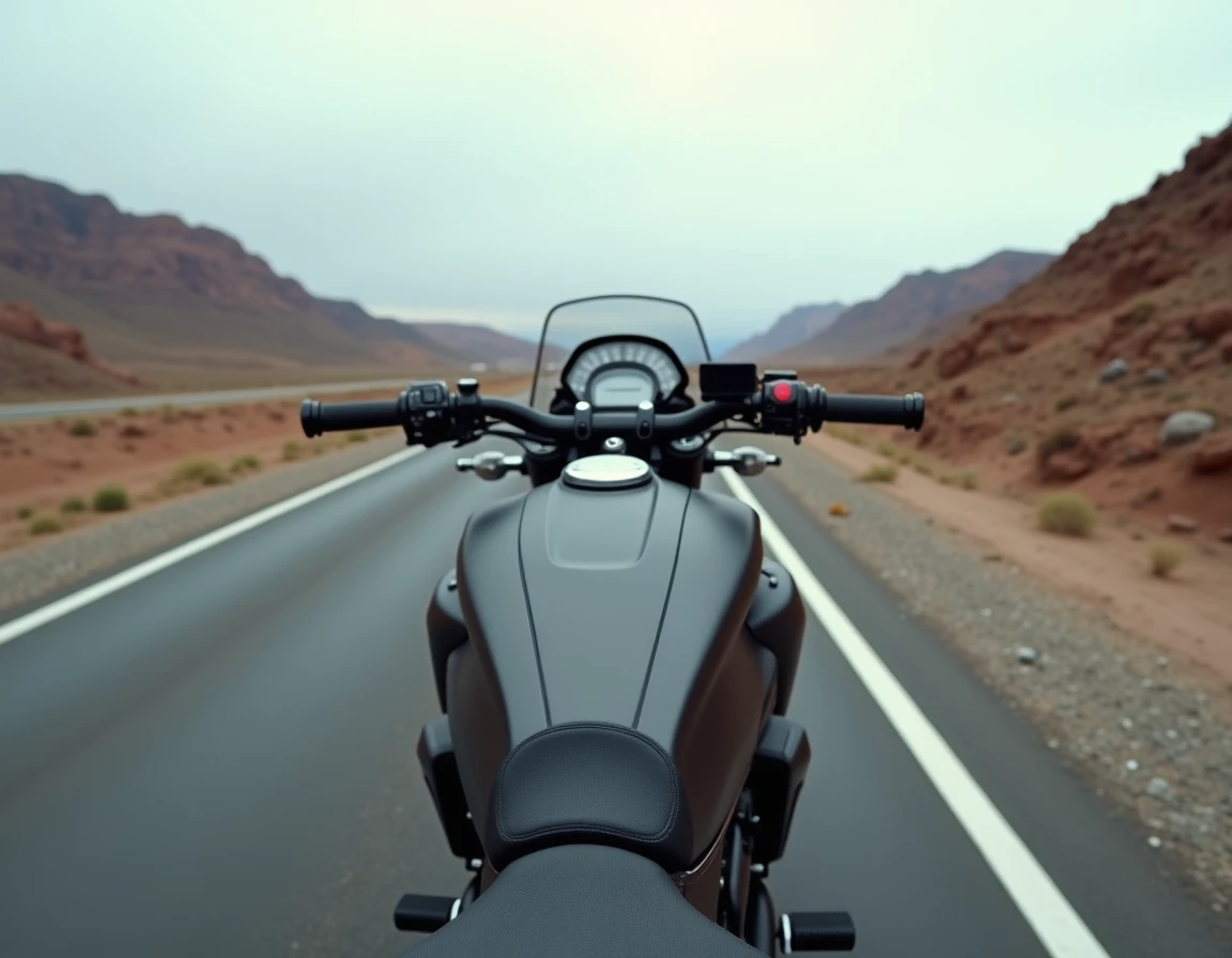 Moto adventure touring avec grand réservoir garée sur une route de montagne isolée, paysage ouvert à l'horizon