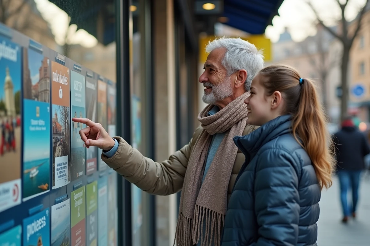 Pere et fille discutant devant une agence de voyage