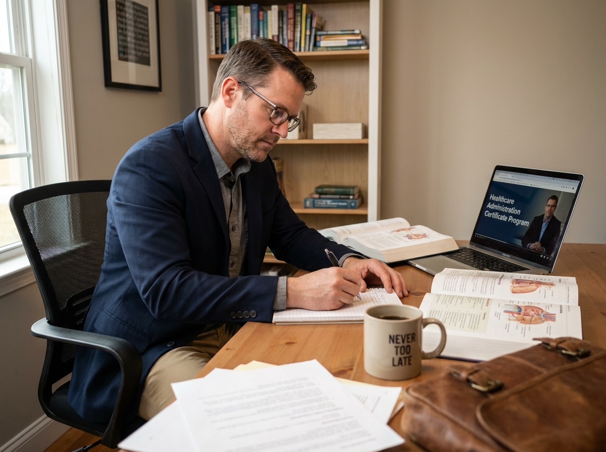 Homme en reconversion professionnelle étudiant pour devenir secrétaire médicale à son bureau avec des manuels de terminologie médicale