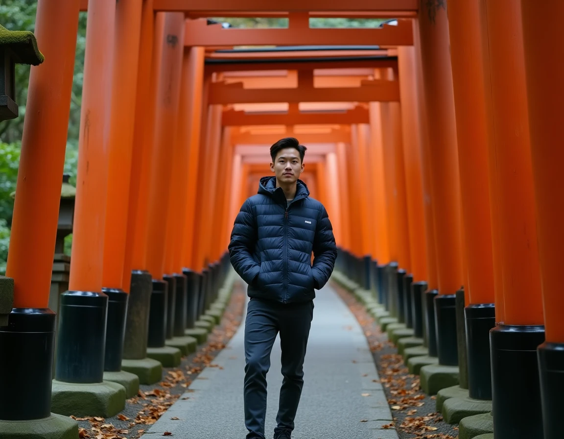 Jeune homme debout devant les torii vermillon du sanctuaire Fushimi Inari à Kyoto entouré d'une forêt brumeuse et de feuilles d'automne