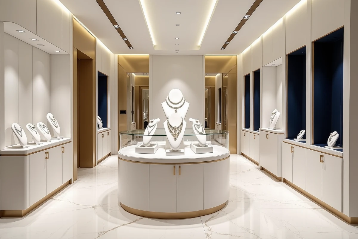 Intérieur d'un showroom de joaillerie de luxe moderne avec vitrines en verre et bijoux précieux exposés