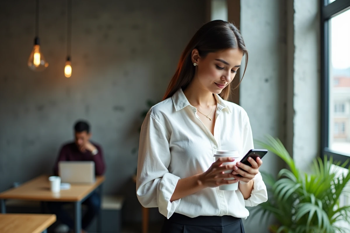 Jeune femme consultant une simulation de droits au chômage sur son smartphone dans un espace de coworking