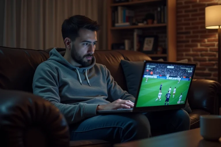 Homme regardant un match de football en streaming sur ordinateur portable depuis son salon