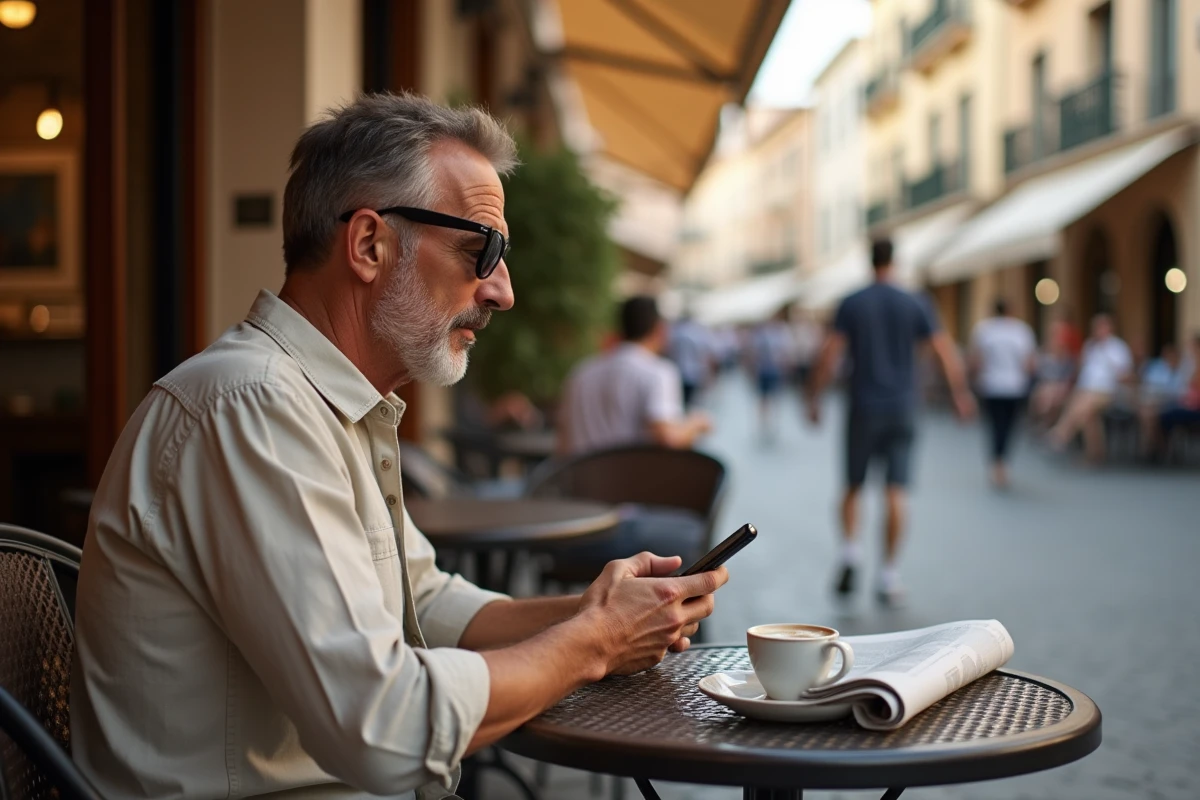 Homme en terrasse de café à l'étranger regardant un événement sportif en streaming sur smartphone