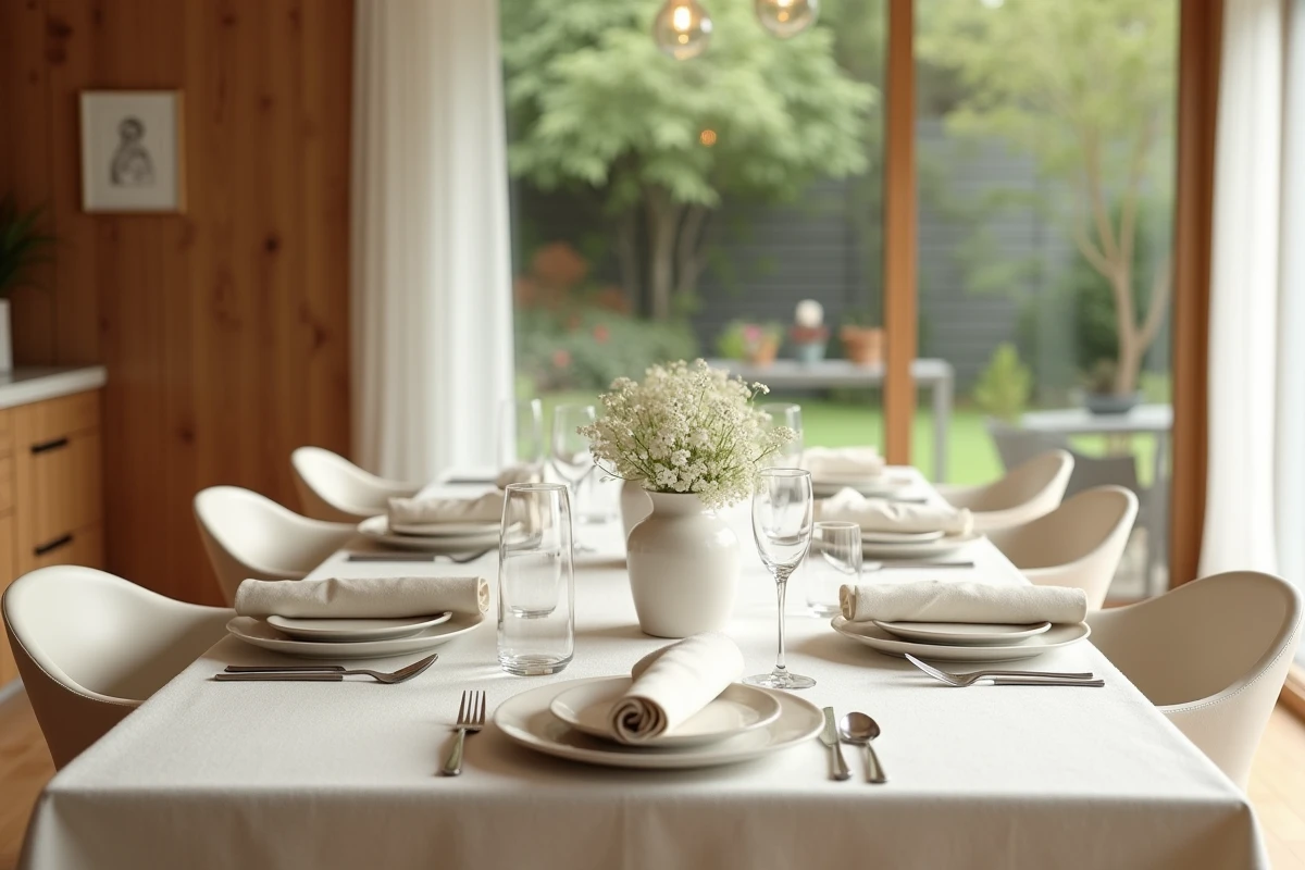 Table familiale soigneusement dressée dans une salle à manger contemporaine vide, symbolisant la vie privée préservée et la discrétion médiatique d'une famille de dirigeant