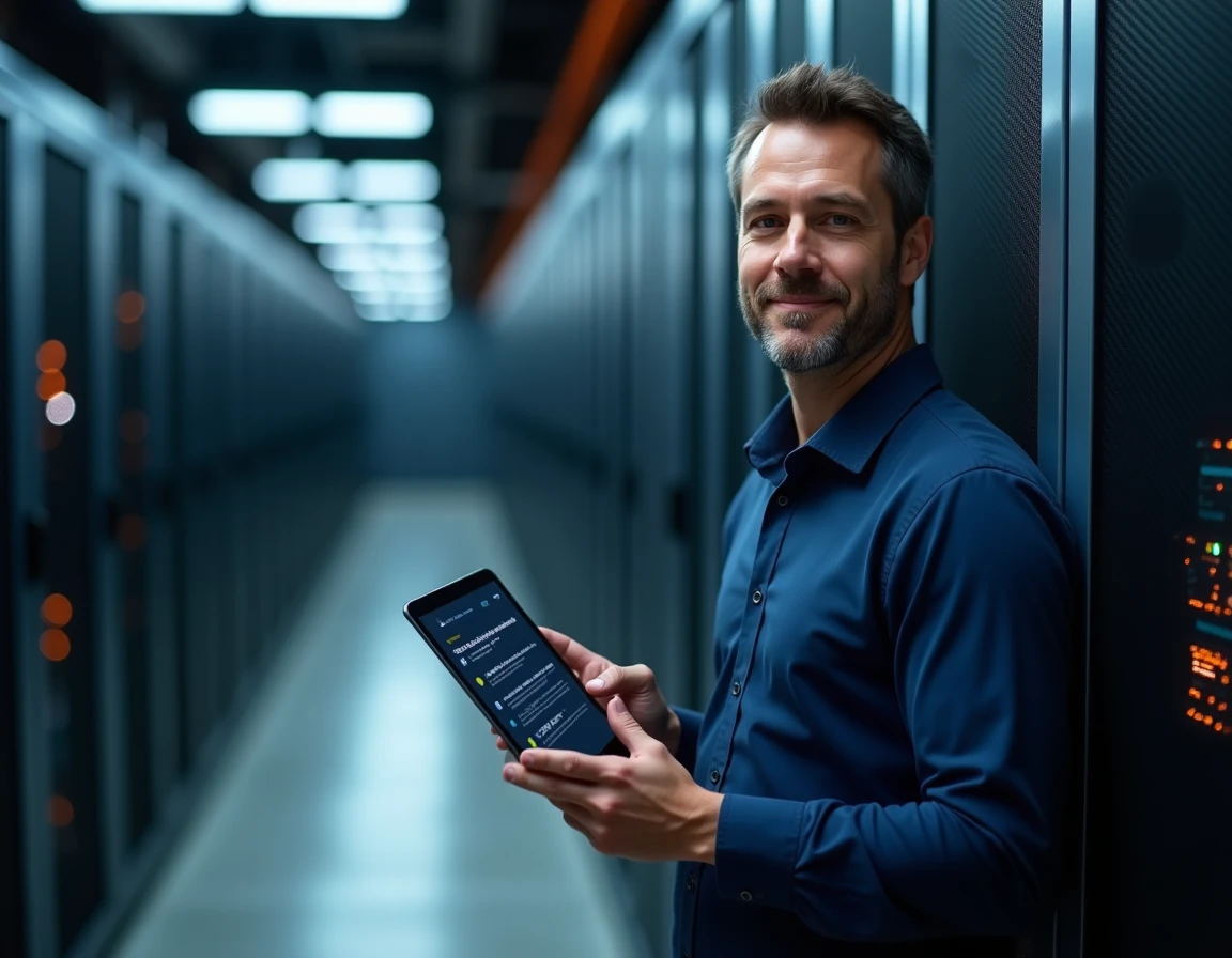 Technicien informatique accédant à un système de gestion documentaire numérique dans un datacenter d'entreprise