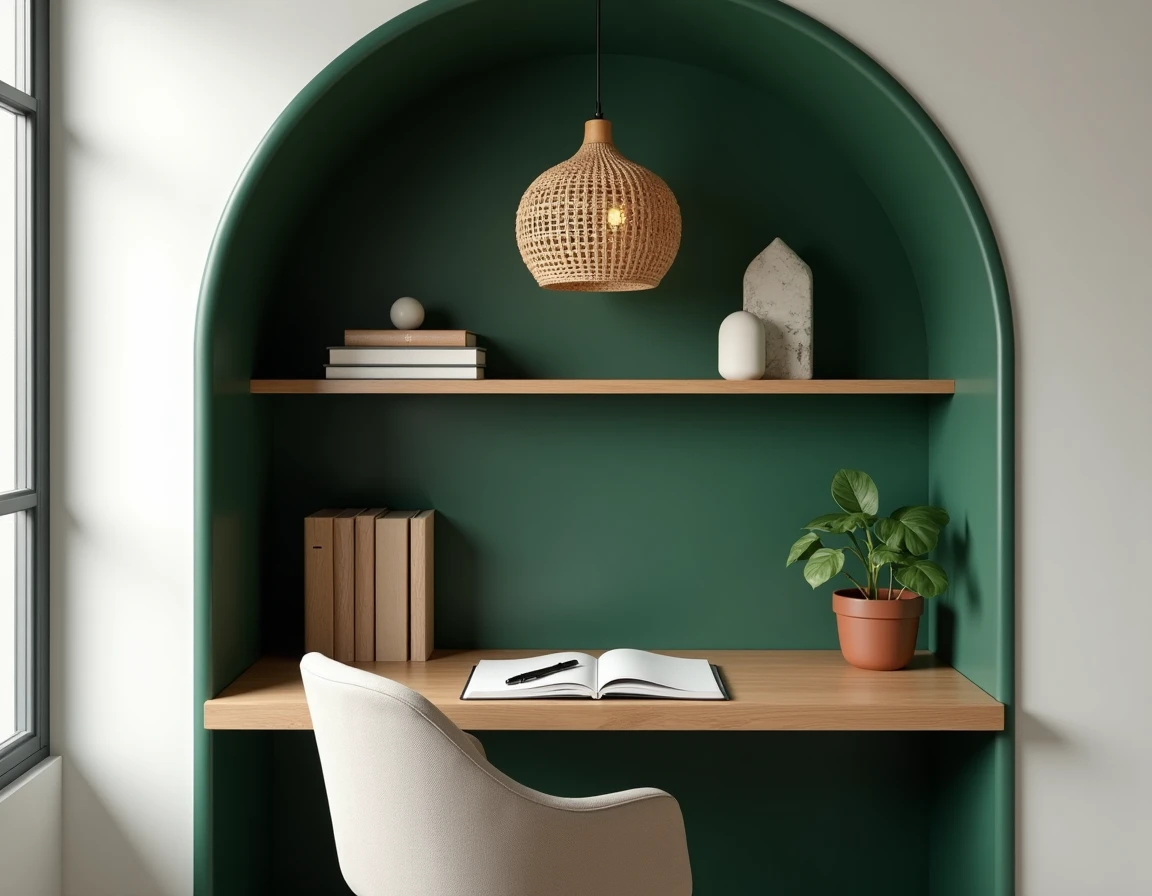 Coin bureau à domicile avec alcôve en vert forêt, bureau en bois naturel flottant, étagères décoratives et plante pothos en pot terracotta, tendance déco intérieure contemporaine