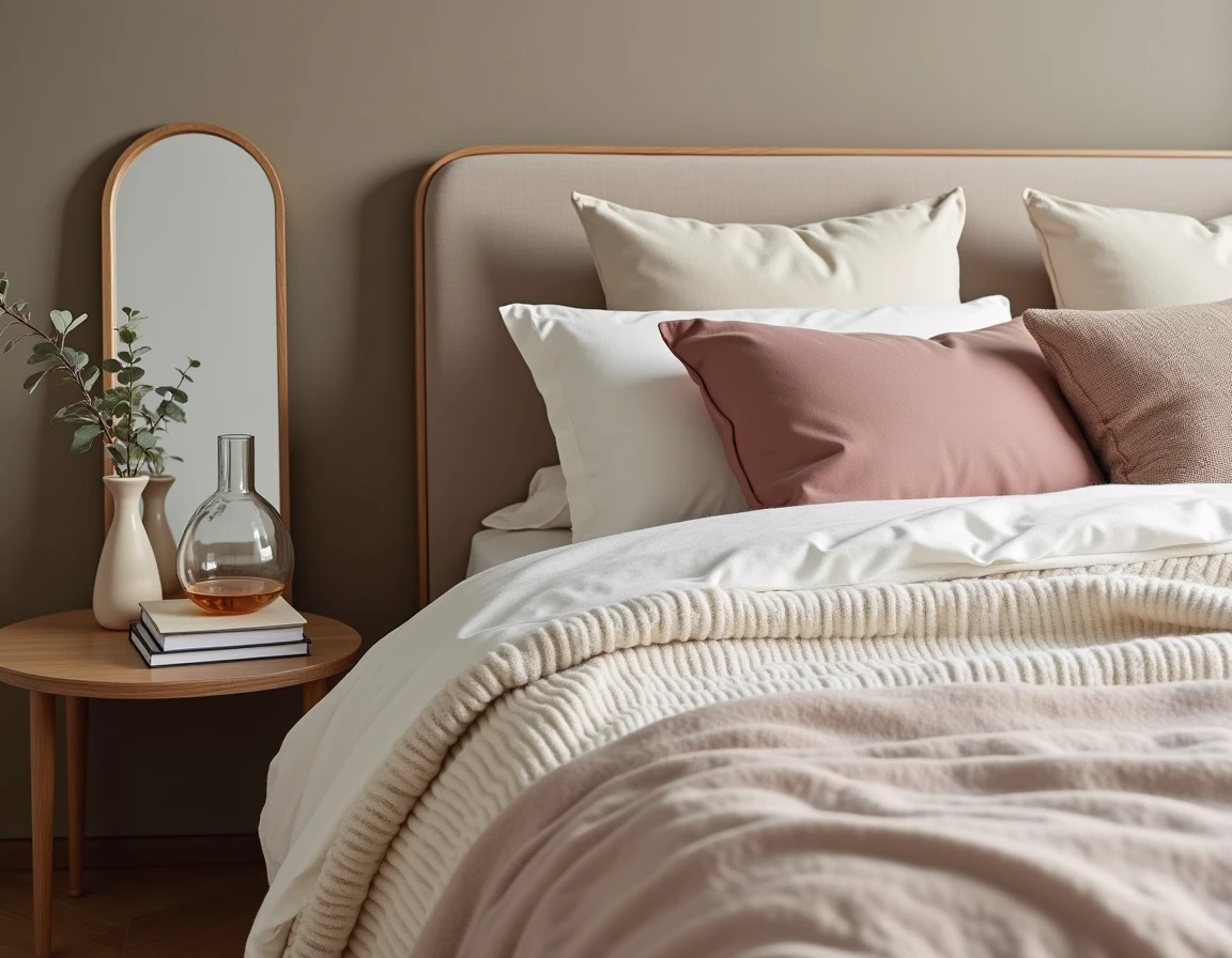 Chambre moderne aux tendances textiles superposées avec cadre de lit en lin sable, jeté en grosse maille écru, coussins rose poudré et miroir arqué appuyé sur un mur en papier peint greige