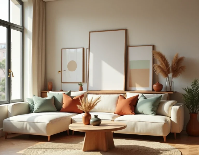 Salon scandinave moderne avec canapé bouclé crème, coussins terracotta et vert sauge, table basse en chêne brut et mur en plâtre chaulé, illustrant les tendances déco actuelles