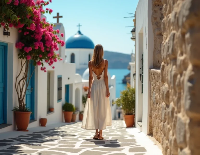 Voyageuse en robe blanche dans une ruelle pittoresque de Santorin avec vue sur les dômes bleus et la mer Égée
