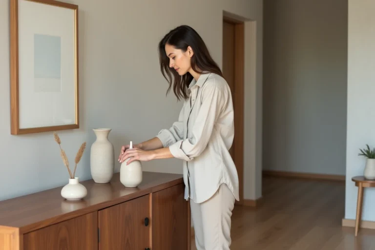 Femme arrangeant des vases en céramique dans un intérieur moderne