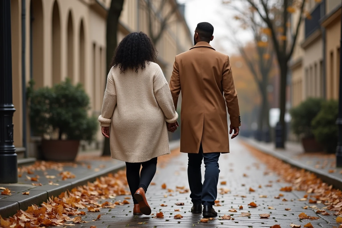 Yseult et son compagnon marchant main dans la main sur un pavé parisien en automne, scène romantique et complice en extérieur