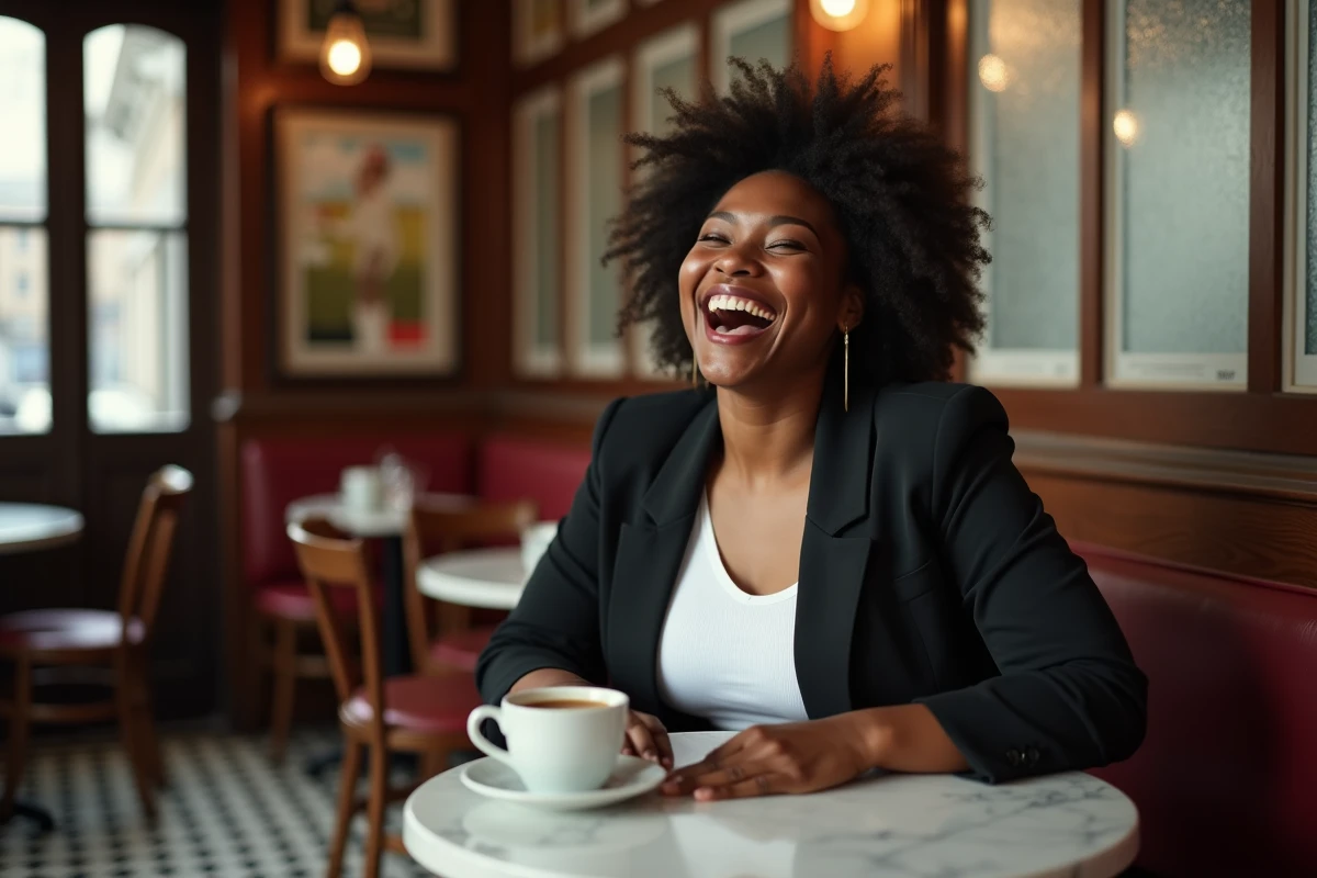 Yseult riant dans un café parisien authentique, deux tasses sur la table évoquant un moment de complicité amoureuse en couple